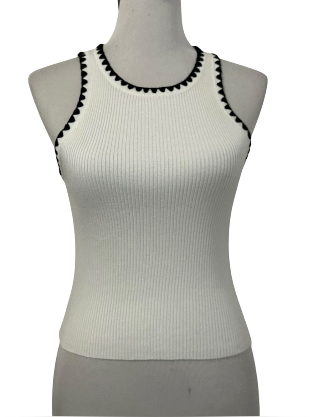 Hausen Womens Ribbed Embroidered Trim Tank Top Sz Small White Black